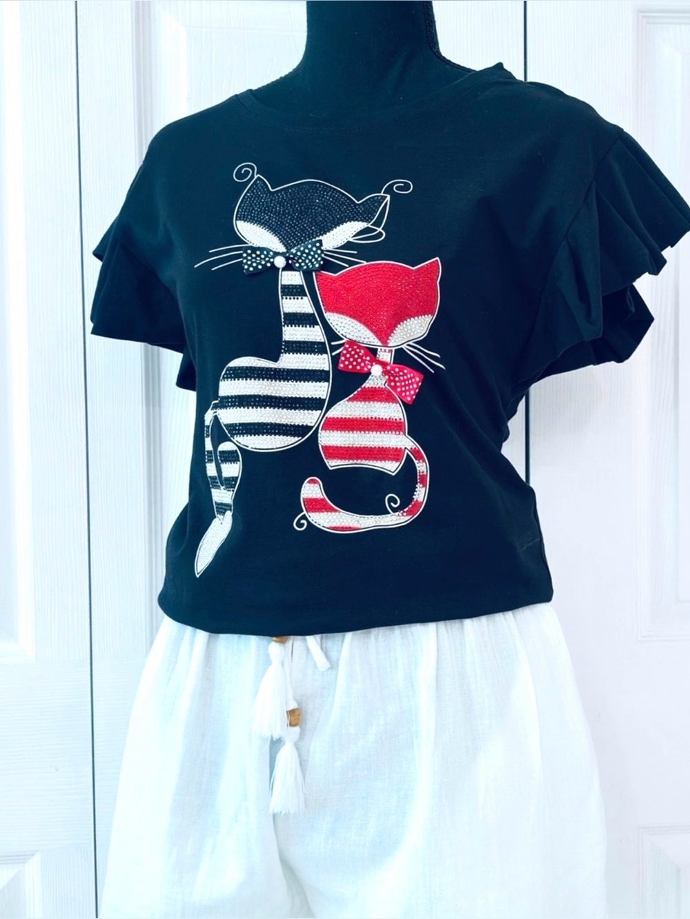 IN2YOU ~ Black Flutter Sleeve Rhinestone Cat Print Shirt size M